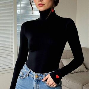 NEW Black Turtleneck Long Sleeve Top with Red Hearts Size L